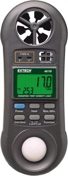 Extech - -148 to 2,372°F, 10 to 95% Humidity Range, Thermo-Hygrometer, Anemometer and Light Meter - 4% Relative Humidity Accuracy - USA Tool & Supply