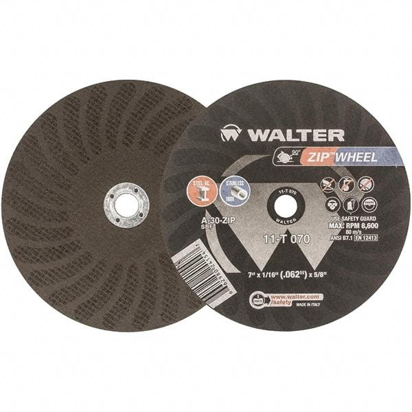 WALTER Surface Technologies - 7" 30 Grit Aluminum Oxide Cutoff Wheel - 1/16" Thick, 5/8" Arbor, 8,600 Max RPM, Use with Circular Saws - USA Tool & Supply
