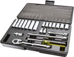 Stanley - 21 Piece 1/4" Drive Chrome Finish Deep Well Socket Set - 6 Points, 3/16" to 1/2" Range, Inch Measurement Standard - USA Tool & Supply