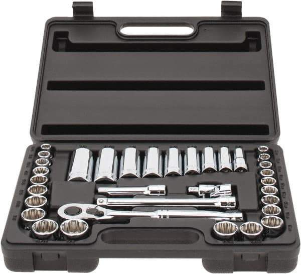 Stanley - 34 Piece 3/8" Drive Chrome Finish Deep Well Socket Set - 12 Points, 5/16" to 7/8" (8mm to 19mm) Range, Inch/Metric Measurement Standard - USA Tool & Supply