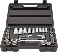 Stanley - 34 Piece 3/8" Drive Chrome Finish Deep Well Socket Set - 12 Points, 5/16" to 7/8" (8mm to 19mm) Range, Inch/Metric Measurement Standard - USA Tool & Supply