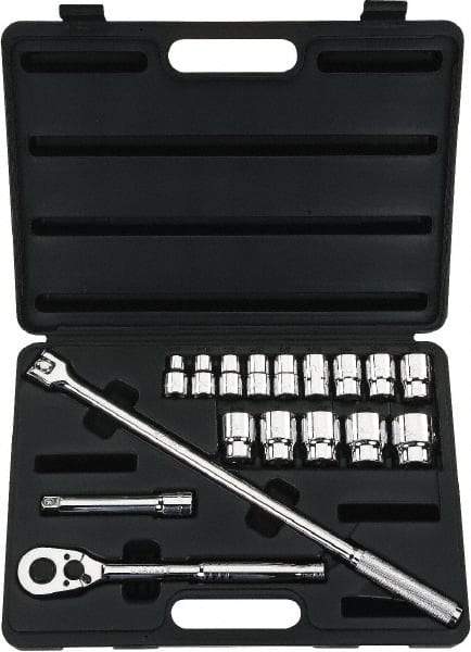 Stanley - 17 Piece 1/2" Drive Chrome Finish Socket Set - 12 Points, 3/8" to 1-1/4" Range, Inch Measurement Standard - USA Tool & Supply
