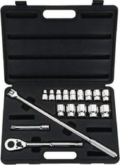 Stanley - 17 Piece 1/2" Drive Chrome Finish Socket Set - 12 Points, 3/8" to 1-1/4" Range, Inch Measurement Standard - USA Tool & Supply