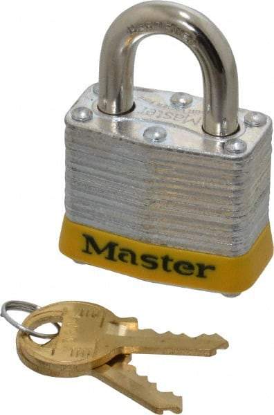 Master Lock - Keyed Different Retaining Key Conductive Lockout Padlock - 3/4" Shackle Clearance, 9/32" Shackle Diam, 1-1/4" Body Height x 1-9/16" Body Width, Yellow, 4 Pins - USA Tool & Supply