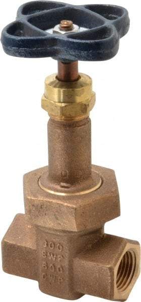 NIBCO - 1/2" Pipe, Class 300, Threaded Bronze Alloy Solid Wedge Rising Stem Gate Valve with Stainless Steel Trim - 600 WOG, 300 WSP, Union Bonnet - USA Tool & Supply