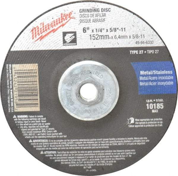 Milwaukee Tool - 24 Grit, 6" Wheel Diam, 1/4" Wheel Thickness, Type 27 Depressed Center Wheel - Aluminum Oxide, Resinoid Bond, R Hardness, 10,185 Max RPM, Compatible with Angle Grinder - USA Tool & Supply