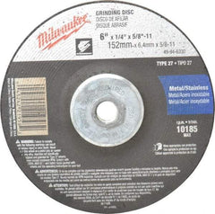 Milwaukee Tool - 24 Grit, 6" Wheel Diam, 1/4" Wheel Thickness, Type 27 Depressed Center Wheel - Aluminum Oxide, Resinoid Bond, R Hardness, 10,185 Max RPM, Compatible with Angle Grinder - USA Tool & Supply