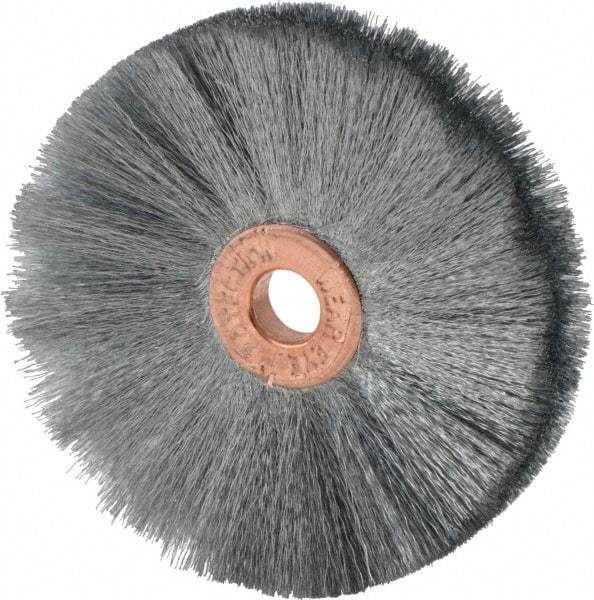 Weiler - 2" OD, 1/4" Arbor Hole, Crimped Steel Wheel Brush - 3/8" Face Width, 3/4" Trim Length, 0.003" Filament Diam, 20,000 RPM - USA Tool & Supply