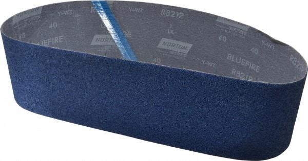 Norton - 4" Wide x 36" OAL, 40 Grit, Zirconia Alumina Abrasive Belt - Zirconia Alumina, Coarse, Coated, Y Weighted Cloth Backing, Series R821 - USA Tool & Supply