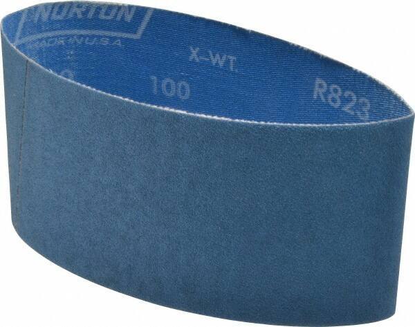 Norton - 3-1/2" Wide x 15-1/2" OAL, 100 Grit, Zirconia Alumina Abrasive Belt - Zirconia Alumina, Fine, Coated, X Weighted Cloth Backing, Series R823 - USA Tool & Supply