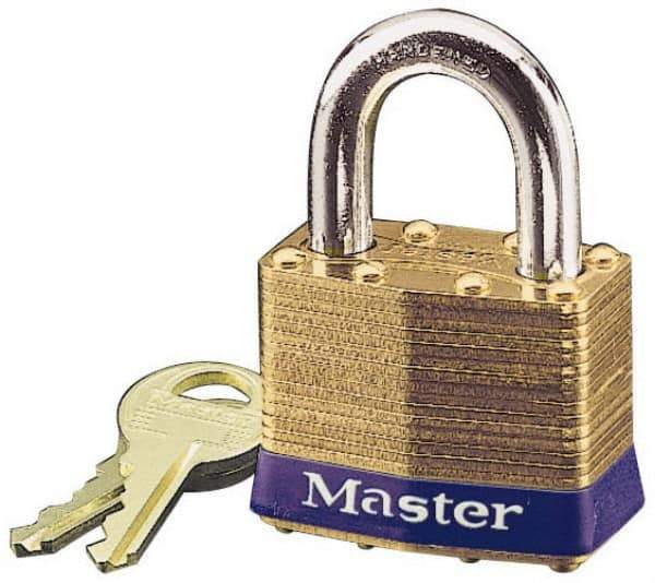 Master Lock - 15/16" Shackle Clearance, Keyed Different Laminated Brass Padlock - 5/16" Shackle Diam, Brass - USA Tool & Supply