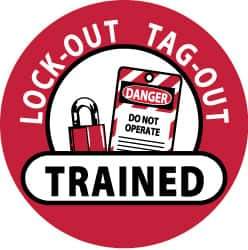 NMC - Lock-Out Tag-Out Trained, Hard Hat Label - Black & White on Red, 2" Thick, For Accident Prevention - USA Tool & Supply