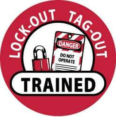 NMC - Lock-Out Tag-Out Trained, Hard Hat Label - Black & White on Red, 2" Thick, For Accident Prevention - USA Tool & Supply