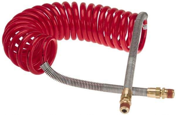 Parker - 3/8" ID, 1/2 x 1/2 Thread, 15' Long, Red SAE J844 Type B Nylon Coiled & Self Storing Hose - 150 Max psi, Parker NTA Brass Fittings - USA Tool & Supply