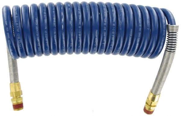 Parker - 3/8" ID, 1/2 x 1/2 Thread, 15' Long, Blue SAE J844 Type B Nylon Coiled & Self Storing Hose - 150 Max psi, Parker NTA Brass Fittings - USA Tool & Supply