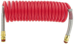 Parker - 3/8" ID, 1/2 x 1/2 Thread, 15' Long, Red SAE J844 Type B Nylon Coiled & Self Storing Hose - 150 Max psi, Parker NTA Brass Fittings - USA Tool & Supply