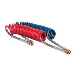 Parker - 3/8" ID, 1/2 x 1/2 Thread, 15' Long, (1) Red & (1) Blue SAE J844 Type B Nylon Coiled & Self Storing Hose - 150 Max psi, Parker NTA Brass Fittings - USA Tool & Supply