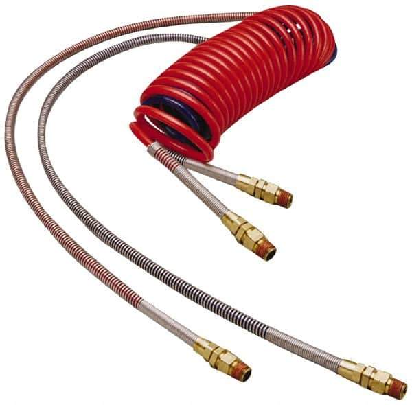 Parker - 3/8" ID, 1/2 x 1/2 Thread, 15' Long, (1) Red & (1) Blue SAE J844 Type B Nylon Coiled & Self Storing Hose - 150 Max psi, Parker NTA Brass Fittings - USA Tool & Supply