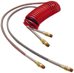 Parker - 3/8" ID, 1/2 x 1/2 Thread, 15' Long, (1) Red & (1) Blue SAE J844 Type B Nylon Coiled & Self Storing Hose - 150 Max psi, Parker NTA Brass Fittings - USA Tool & Supply