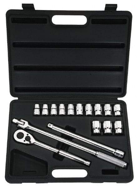 Stanley - 16 Piece 1/2" Drive Chrome Finish Socket Set - 6 Points, 12mm to 24mm Range, Metric Measurement Standard - USA Tool & Supply