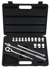 Stanley - 16 Piece 1/2" Drive Chrome Finish Socket Set - 6 Points, 12mm to 24mm Range, Metric Measurement Standard - USA Tool & Supply