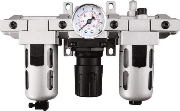 PRO-SOURCE - 3/4" NPT Port Heavy Duty 3 Piece Filter-Regulator-Lubricator FRL Unit - Polycarbonate Bowl, 123 SCFM, 145 Max psi, 14.6" High, Manual Drain - USA Tool & Supply