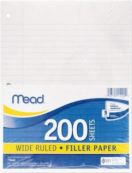 Mead - 200 Sheet, 10-1/2 x 8", Wide Ruled Filler Paper - White - USA Tool & Supply