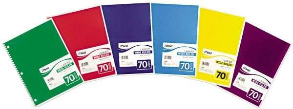 Mead - 70 Sheet, 8 x 10-1/2", Wide Ruled Spiral Bound Notebook - Assorted Colors - USA Tool & Supply