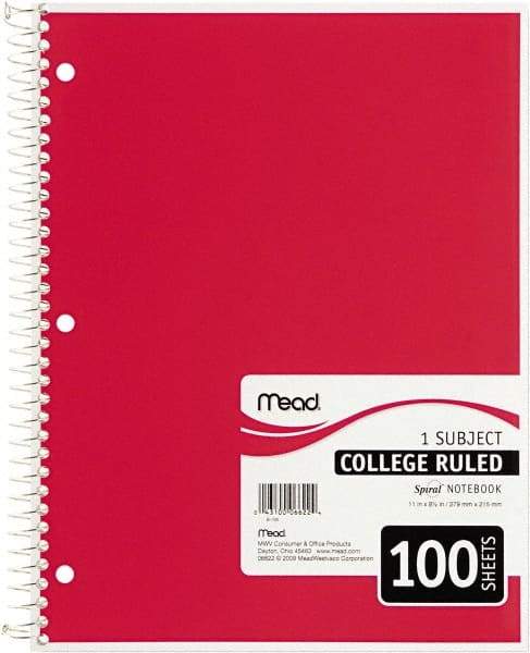 Mead - 100 Sheet, 8-1/2 x 11", College Ruled Spiral Bound Notebook - Red - USA Tool & Supply