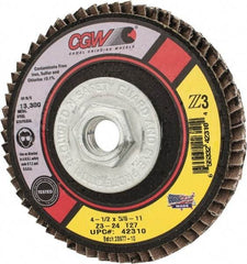 Camel Grinding Wheels - 24 Grit, 4-1/2" Disc Diam, 5/8-11 Center Hole, Type 27 Zirconia Alumina Flap Disc - 13,300 Max RPM, Poly Cotton Backing, Arbor Attaching System, Coated - USA Tool & Supply