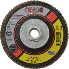 Camel Grinding Wheels - 36 Grit, 4-1/2" Disc Diam, 5/8-11 Center Hole, Type 27 Zirconia Alumina Flap Disc - 13,300 Max RPM, Poly Cotton Backing, Arbor Attaching System, Coated - USA Tool & Supply