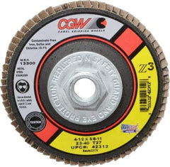 Camel Grinding Wheels - 40 Grit, 4-1/2" Disc Diam, 5/8-11 Center Hole, Type 27 Zirconia Alumina Flap Disc - 13,300 Max RPM, Poly Cotton Backing, Arbor Attaching System, Coated - USA Tool & Supply