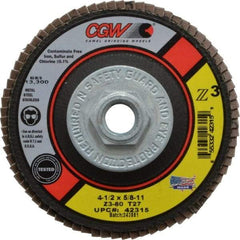 Camel Grinding Wheels - 80 Grit, 4-1/2" Disc Diam, 5/8-11 Center Hole, Type 27 Zirconia Alumina Flap Disc - 13,300 Max RPM, Poly Cotton Backing, Arbor Attaching System, Coated - USA Tool & Supply