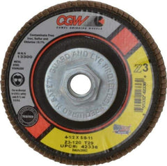 Camel Grinding Wheels - 120 Grit, 4-1/2" Disc Diam, 5/8-11 Center Hole, Type 29 Zirconia Alumina Flap Disc - 13,300 Max RPM, Poly Cotton Backing, Arbor Attaching System, Coated - USA Tool & Supply