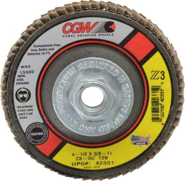 Camel Grinding Wheels - 36 Grit, 4-1/2" Disc Diam, 5/8-11 Center Hole, Type 29 Zirconia Alumina Flap Disc - 13,300 Max RPM, Poly Cotton Backing, Arbor Attaching System, Coated - USA Tool & Supply