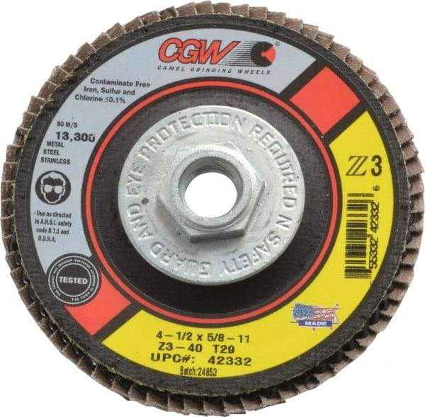 Camel Grinding Wheels - 40 Grit, 4-1/2" Disc Diam, 5/8-11 Center Hole, Type 29 Zirconia Alumina Flap Disc - 13,300 Max RPM, Poly Cotton Backing, Arbor Attaching System, Coated - USA Tool & Supply