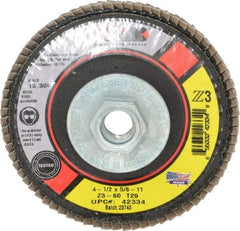 Camel Grinding Wheels - 60 Grit, 4-1/2" Disc Diam, 5/8-11 Center Hole, Type 29 Zirconia Alumina Flap Disc - 13,300 Max RPM, Poly Cotton Backing, Arbor Attaching System, Coated - USA Tool & Supply