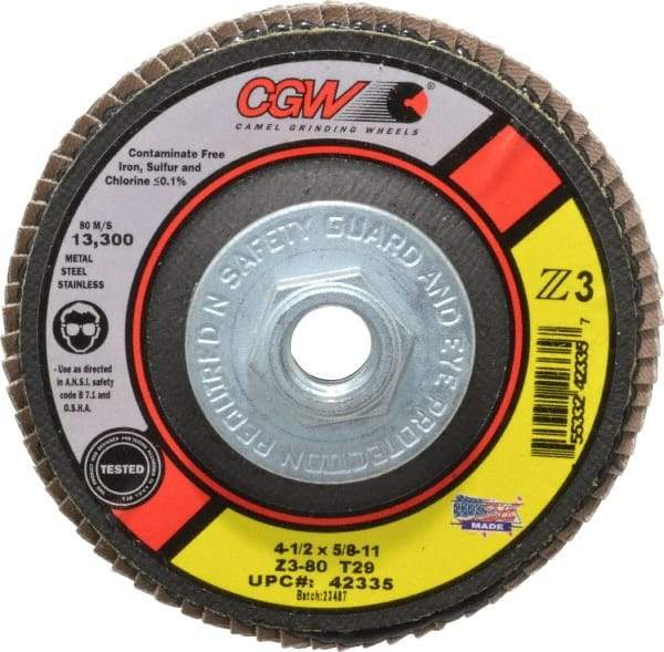 Camel Grinding Wheels - 80 Grit, 4-1/2" Disc Diam, 5/8-11 Center Hole, Type 29 Zirconia Alumina Flap Disc - 13,300 Max RPM, Poly Cotton Backing, Arbor Attaching System, Coated - USA Tool & Supply