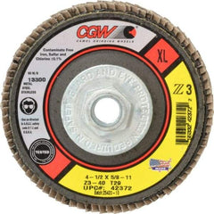 Camel Grinding Wheels - 40 Grit, 4-1/2" Disc Diam, 5/8-11 Center Hole, Type 29 Zirconia Alumina Flap Disc - 13,300 Max RPM, Poly Cotton Backing, Arbor Attaching System, Coated - USA Tool & Supply
