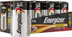 Energizer - Size D, Alkaline, 8 Pack, Standard Battery - 1.5 Volts, Flat Terminal, LR20, ANSI, IEC Regulated - USA Tool & Supply
