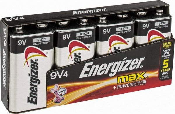Energizer - Size 9V, Alkaline, 4 Pack, Standard Battery - 9 Volts, Miniature Snap Terminal, 6LR61, ANSI, IEC Regulated - USA Tool & Supply