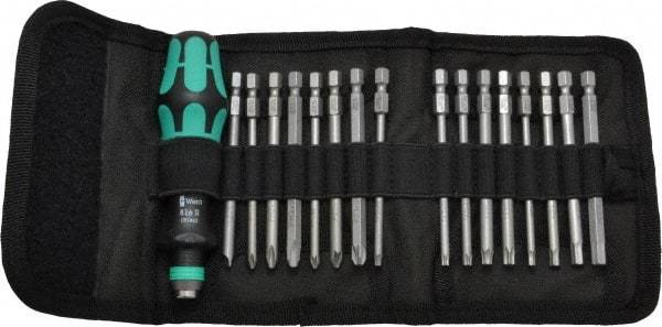 Wera - 17 Piece, 1/4" Drive Screwdriver Power Bit Set - #1, #2 & #3 Phillips, 3 to 6mm Hex, Tamperproof TR10 to TR30 Torx, #1, #2 & #3 Pozidriv, 1.0x5.5mm Slotted - USA Tool & Supply