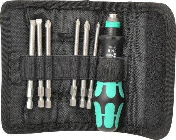 Wera - 7 Piece, 1/4" Drive Screwdriver Power Bit Set - #1 & #2 Phillips, #1 & #2 Pozidriv, 1.0x5.5 & 1.2x6.5mm Slotted - USA Tool & Supply