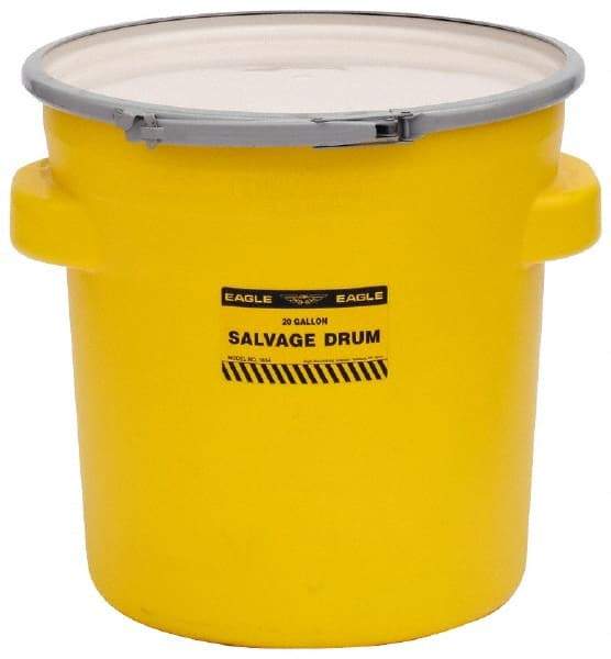 Eagle - 20 Gallon Capacity, Metal Lever Lock, Yellow Salvage Drum - 5 Gallon Container, 165 Lb. Capacity, Polyethylene, UN 1H2/X75/S Listing - USA Tool & Supply