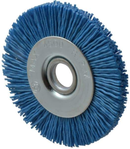 Value Collection - 3" OD, 1/2" Shank Diam, 1/2" Arbor Hole, Crimped Nylon Wheel Brush - 3/8" Face Width, 5/16" Trim Length, 4,500 RPM - USA Tool & Supply