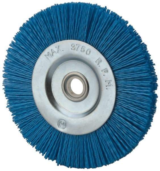 Value Collection - 5" OD, 5/8" Shank Diam, 5/8" Arbor Hole, Crimped Nylon Wheel Brush - 5/16" Face Width, 5/16" Trim Length, 3,750 RPM - USA Tool & Supply