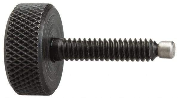 Jergens - 3/8-16 Knurled Shoulderless Swivel Pad Tip Grade 1215 Steel Thumb Screw - 2-7/16" OAL, 1-1/4" Head Diam x 7/16" Head Height, Black Oxide Finish - USA Tool & Supply