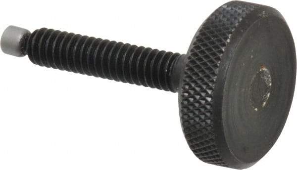 Jergens - 1/4-20 Knurled Shoulderless Swivel Pad Tip Grade 1215 Steel Thumb Screw - 1-13/16" OAL, 1" Head Diam x 5/16" Head Height, Black Oxide Finish - USA Tool & Supply