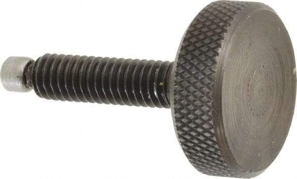 Jergens - 5/16-18 Knurled Shoulderless Swivel Pad Tip Grade 1215 Steel Thumb Screw - 1-7/8" OAL, 1-1/8" Head Diam x 3/8" Head Height, Black Oxide Finish - USA Tool & Supply
