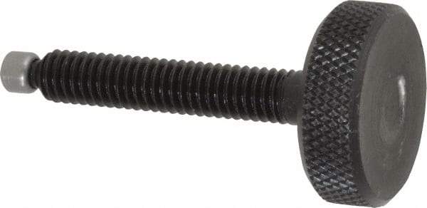 Jergens - 5/16-18 Knurled Shoulderless Swivel Pad Tip Grade 1215 Steel Thumb Screw - 2-3/8" OAL, 1-1/8" Head Diam x 3/8" Head Height, Black Oxide Finish - USA Tool & Supply